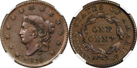 1830 Matron Head Cent. N-6. Rarity-4. Medium Letters. AU-55 BN (NGC).
A scarce die pairing, and one that enjoys strong numismatic demand as the only ...