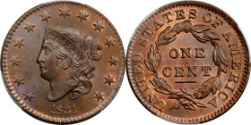 1831 Matron Head Cent. N-3. Rarity-1. Medium Letters. MS-66+ RB (PCGS).
From our April 2017 sale of the Pogue Collection, Part V, where it was catalo...