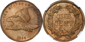 1856 Flying Eagle Cent. Snow-9. Proof-62 (NGC).
A soft satin to semi-reflective finish shines through predominantly tan-apricot color. Speckled pinki...