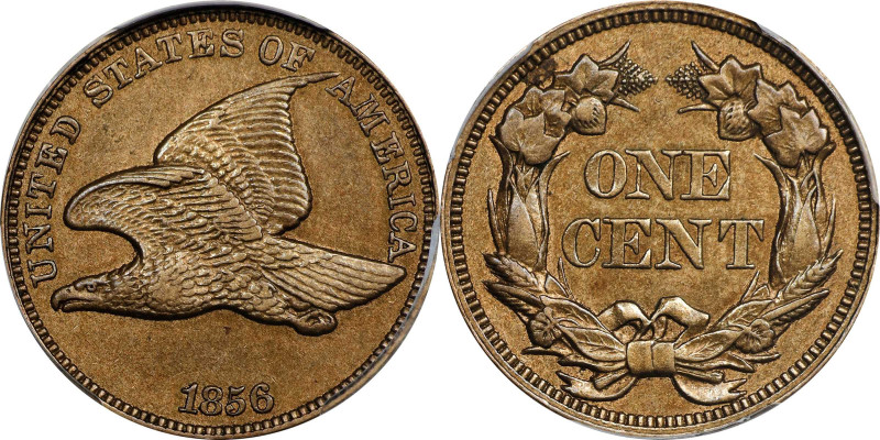 1856 Flying Eagle Cent. Snow-3. Repunched 5, High Leaves. Proof-55 (PCGS). CAC....