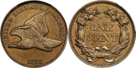 1856 Flying Eagle Cent. Snow-3. Repunched 5, High Leaves. Proof-55 (PCGS). CAC.
An attractive and original specimen showing just the faintest traces ...