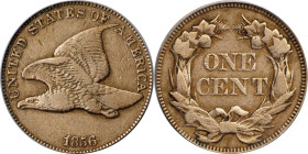 1856 Flying Eagle Cent. Snow-3. Repunched 5, High Leaves. VF-25 (PCGS). CAC. Eagle Eye Photo Seal.
This handsome piece exhibits warm, even golden-tan...