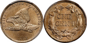 1858 Flying Eagle Cent. Small Letters, Low Leaves (Style of 1858), Type II. MS-66 (PCGS). CAC.
The predominantly tan-rose surfaces of this gorgeous F...