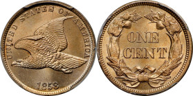 1858 Flying Eagle Cent. Small Letters, Low Leaves (Style of 1858), Type II. MS-66 (PCGS).
This glorious example offers full, satiny mint luster and s...
