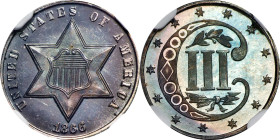 1866 Silver Three-Cent Piece. Proof-68 * (NGC).
Deeply toned, with unusually lively charcoal-gray being the predominant color. However, closer inspec...