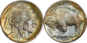 1923-S Buffalo Nickel. MS-65+ (PCGS).
A rich pallet of iridescent reddish-orange, antique gold and powder blue colors blend over both sides of this s...