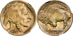 1924-D Buffalo Nickel. MS-66 (NGC).
Blended shades of golden-gray and pinkish-apricot iridescence accent the satiny surfaces of this Gem. The complex...