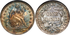 1855 Liberty Seated Dime. Arrows. MS-68 (NGC).
Robust underlying luster supports pale peach at the obverse center that slowly gives way to bright ele...