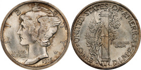 1916-D Mercury Dime. MS-65 (PCGS).
This example of the key-date 1916-D dime offers remarkable Gem Uncirculated quality. Lovely surfaces are dusted wi...