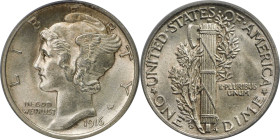 1916-D Mercury Dime. MS-63 (PCGS). CAC.
A premium MS-63 example of this perennially popular, key date Mercury dime issue. Full, soft, satin to frosty...
