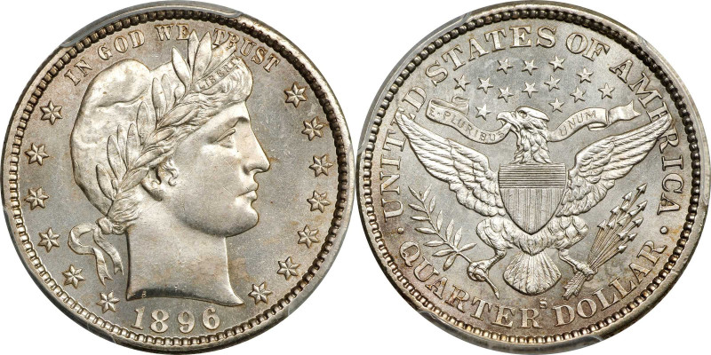 1896-S Barber Quarter. MS-65 (PCGS).
Here is an outstanding example of this wel...
