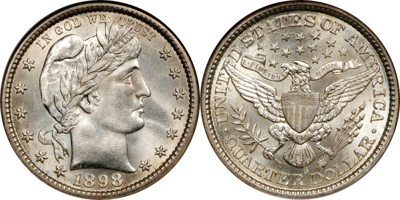 1898-S Barber Quarter. MS-67 (NGC).
Here is an amazing Superb Gem example of th...