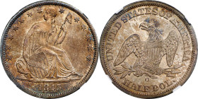 1843-O Liberty Seated Half Dollar. WB-1. Rarity-4. MS-66 (NGC).
A satiny Gem with rich gold, violet, and neon-blue iridescence on frosty, highly lust...