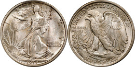 1917-D Walking Liberty Half Dollar. Reverse Mintmark. MS-65 (PCGS).
A fully struck, highly lustrous example with iridescent pale gold toning to smoot...