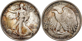 1921 Walking Liberty Half Dollar. MS-64+ (PCGS). CAC.
Visually engaging, mottled reddish-copper and olive-bronze patina nestles in the more protected...