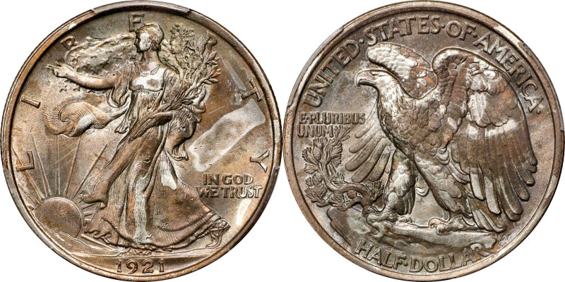 1921 Walking Liberty Half Dollar. MS-64 (PCGS).
A confidently struck near-Gem w...