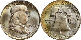 1959 Franklin Half Dollar. MS-67 FBL (PCGS).
This is a virtually pristine example with handsome original toning that is more varied on the reverse, w...