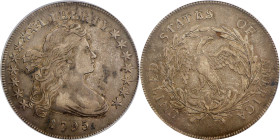 1795 Draped Bust Silver Dollar. BB-51, B-14. Rarity-2. Off-Center Bust. VF-35 (PCGS).
Here is a bold, mid-grade example of the eagerly sought first y...