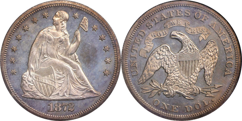 1872 Liberty Seated Silver Dollar. Proof-65 (NGC).
This handsome piece is warml...