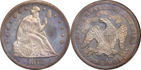 1872 Liberty Seated Silver Dollar. Proof-65 (NGC).
This handsome piece is warmly and originally toned in dominant smoky-silver, with abundant underto...