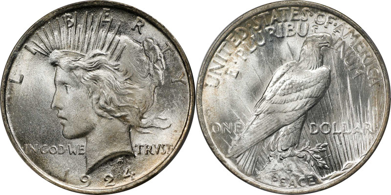 1924 Peace Silver Dollar. MS-67 (PCGS).
This intensely lustrous, satin to softl...