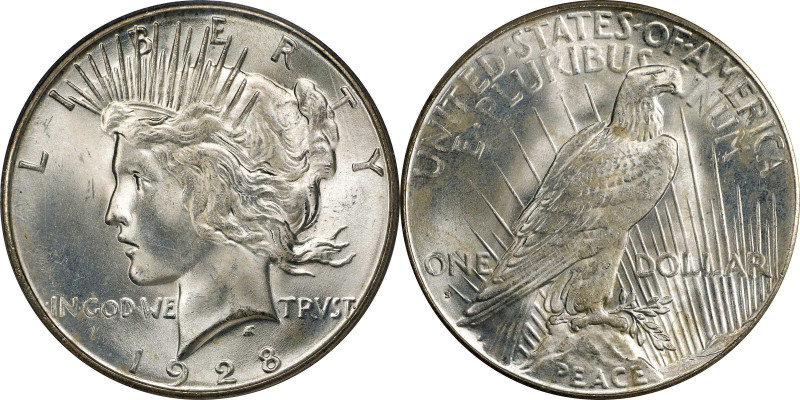 1928-S Peace Silver Dollar. MS-65 (PCGS).
A faint gold and silver iridescence a...