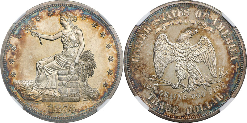 1873 Trade Dollar. Proof-65 Cameo (NGC).
A standout example of this first year ...