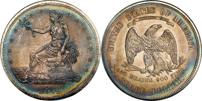 1874 Trade Dollar. Proof-65 (NGC). CAC.
A handsome piece with undeniable origin...