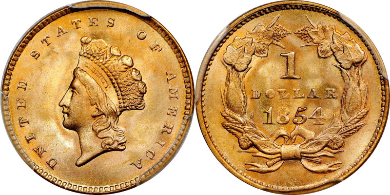 1854 Gold Dollar. Type II. MS-65 (PCGS).
Here is an elusive Gem example of the ...