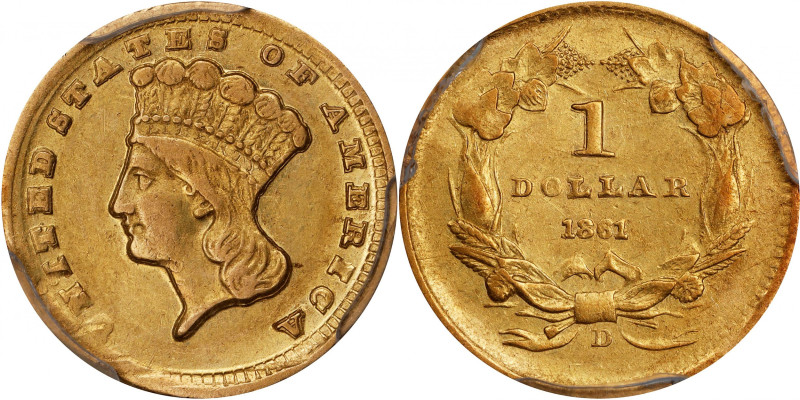 1861-D Gold Dollar. Winter 12-Q, the only known dies. AU-50 (PCGS).
Outside of ...