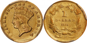 1861-D Gold Dollar. Winter 12-Q, the only known dies. AU-50 (PCGS).
Outside of the virtually-uncollectible 1849-C Open Wreath, the 1861-D is the unde...