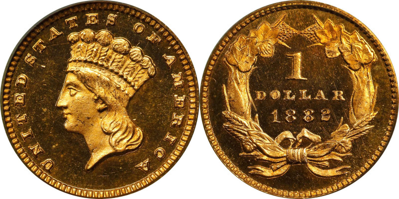 1882 Gold Dollar. JD-1. Rarity-5. Centered Date. Proof-65 Cameo (PCGS). CAC.
Th...