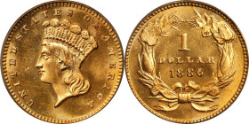 1886 Gold Dollar. MS-67 (PCGS). CAC.
This Superb Gem displays lovely deep golden-orange color enhanced by a pronounced satin to semi-prooflike finish...