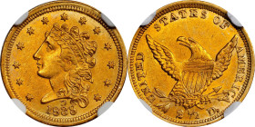 1839-D Classic Head Quarter Eagle. HM-1, Winter 1-B. Rarity-5. Strong Branch, Berry. MS-62 (NGC).
A beautiful example with iridescent olive-blue peri...