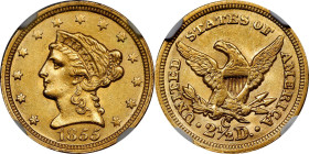 1855-C Liberty Head Quarter Eagle. Winter-1, the only known dies. MS-60 (NGC).
This endearing Southern gold coin is solidly graded at the desirable B...
