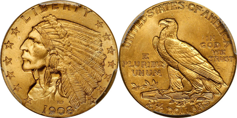 1908 Indian Quarter Eagle. MS-66+ (PCGS).
Breathtakingly beautiful surfaces are...