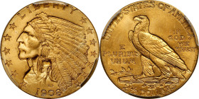 1908 Indian Quarter Eagle. MS-66+ (PCGS).
Breathtakingly beautiful surfaces are awash in a blend of frosty mint luster and soft golden-apricot color....