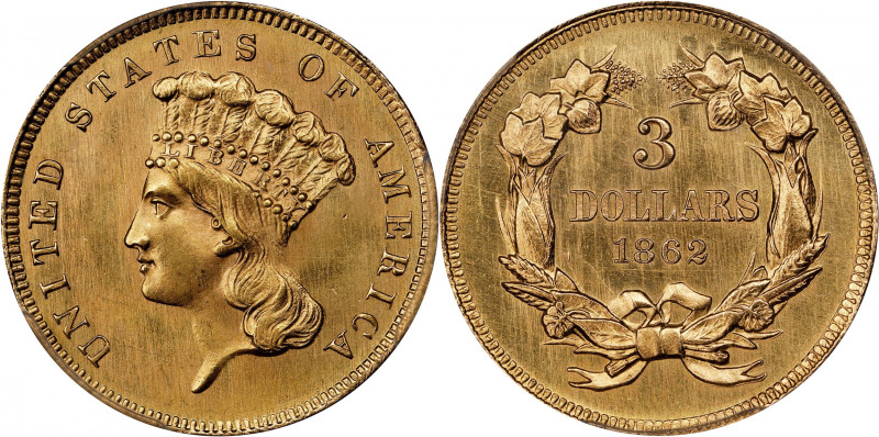 1862 Three-Dollar Gold Piece. MS-64 (PCGS).
Exceptionally lustrous surfaces del...