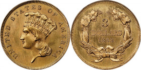 1862 Three-Dollar Gold Piece. MS-64 (PCGS).
Exceptionally lustrous surfaces delight the viewer with full mint bloom and bright medium gold color. Evi...