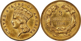 1864 Three-Dollar Gold Piece. MS-63 (PCGS).
Delightful satin to semi-reflective surfaces are further adorned with vivid golden-orange patina, as well...