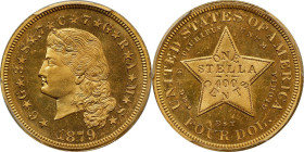 1879 Four-Dollar Gold Stella. Flowing Hair. Judd-1635, Pollock-1833, JD-1. Rarity-3. Gold. Reeded Edge. Proof-65 (PCGS). CAC.
Obv: The Flowing Hair d...