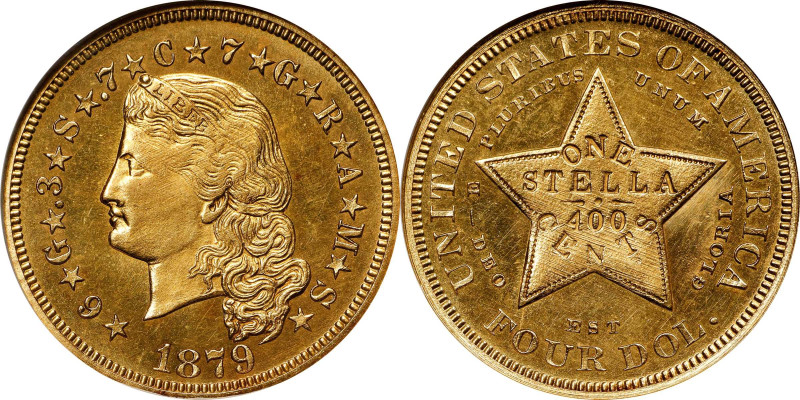 1879 Four-Dollar Gold Stella. Flowing Hair. Judd-1635, Pollock-1833, JD-1. Rarit...