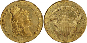 1806 Capped Bust Right Half Eagle. BD-4. Rarity-5+. Pointed-Top 6, Stars 8x5. AU-58 (PCGS).
Handsome olive undertones backlight dominant medium color...