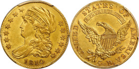 1810 Capped Bust Left Half Eagle. BD-1. Rarity-3+. Small Date, Tall 5. AU-55 (PCGS).
Handsome surfaces exhibit a warm blend of olive-gold and rose-or...