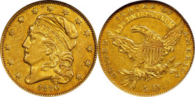 1830 Capped Head Left Half Eagle. BD-1. Rarity-6. Large D. AU-53 (NGC).
A vivid and attractive AU example of this highly elusive early half eagle typ...