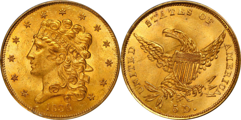 1836 Classic Head Half Eagle. HM-3. Rarity-4. MS-64 (PCGS). CAC.
An endearing e...