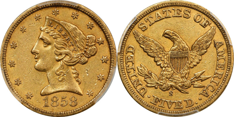 1858-S Liberty Head Half Eagle. AU-55 (PCGS). CAC.
With nearly full mint frost ...