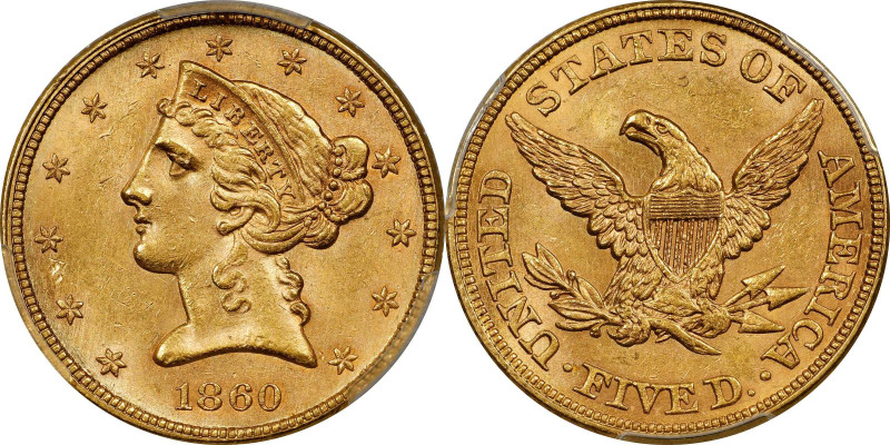 1860 Liberty Head Half Eagle. MS-63 (PCGS).
This is a rarely offered Choice Unc...