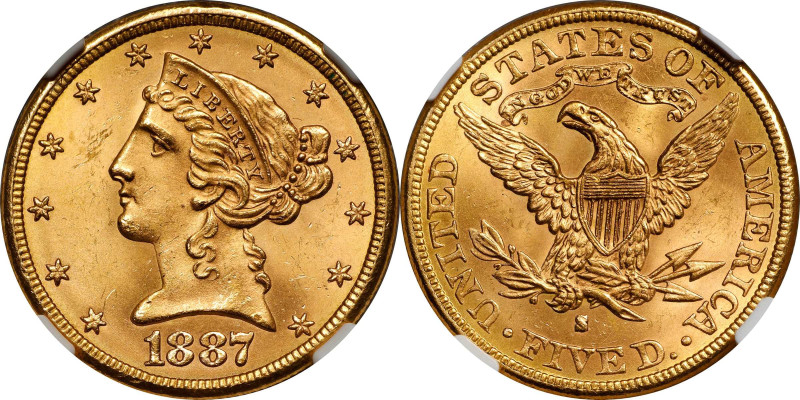 1887-S Liberty Head Half Eagle. MS-65 (NGC).
Pretty rose-gold color dominates t...