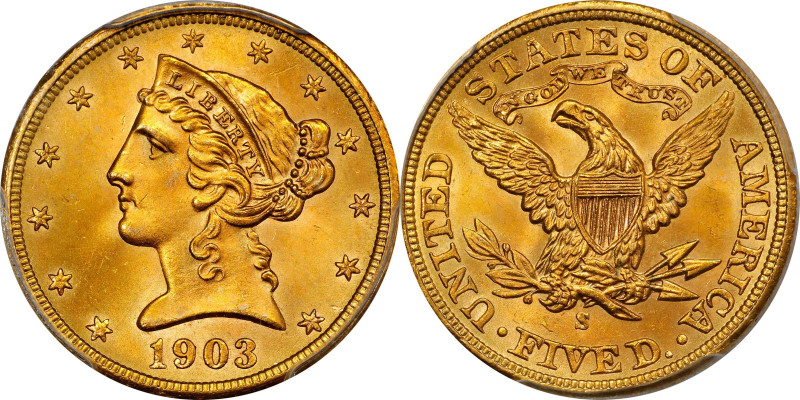 1903-S Liberty Head Half Eagle. MS-67 (PCGS).
This beautiful half eagle offers ...